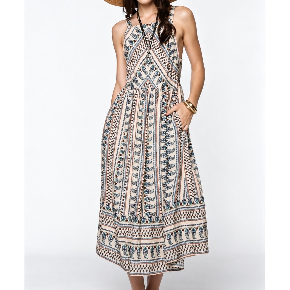 Everly Paisley Maxi Dress Peach Blue Boho Tiered Pocket Sun Dress ED3100 Small